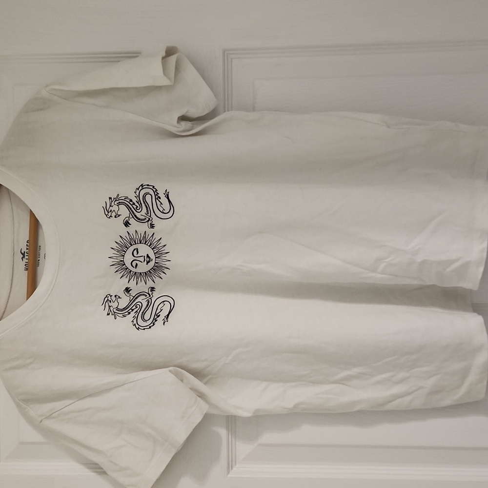 Hollister White Tee with Black Dragon Print